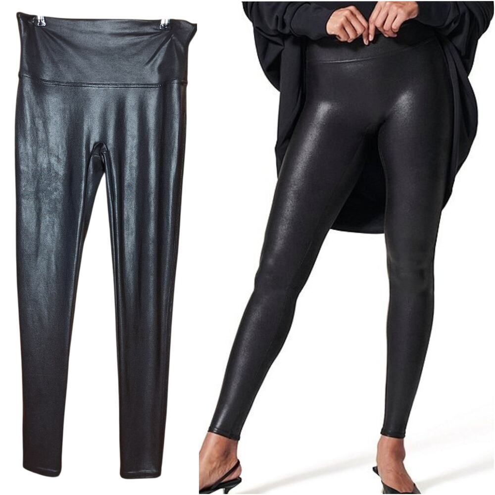 SPANX Faux Leather leggings black high rise tights size L black shaping pants